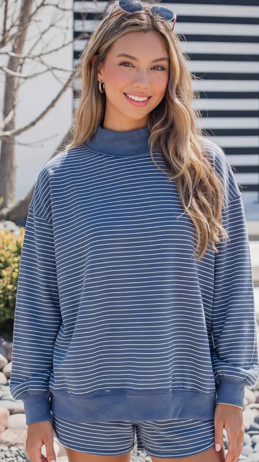 Striped Mock Neck Baggy Pullover & Short Set