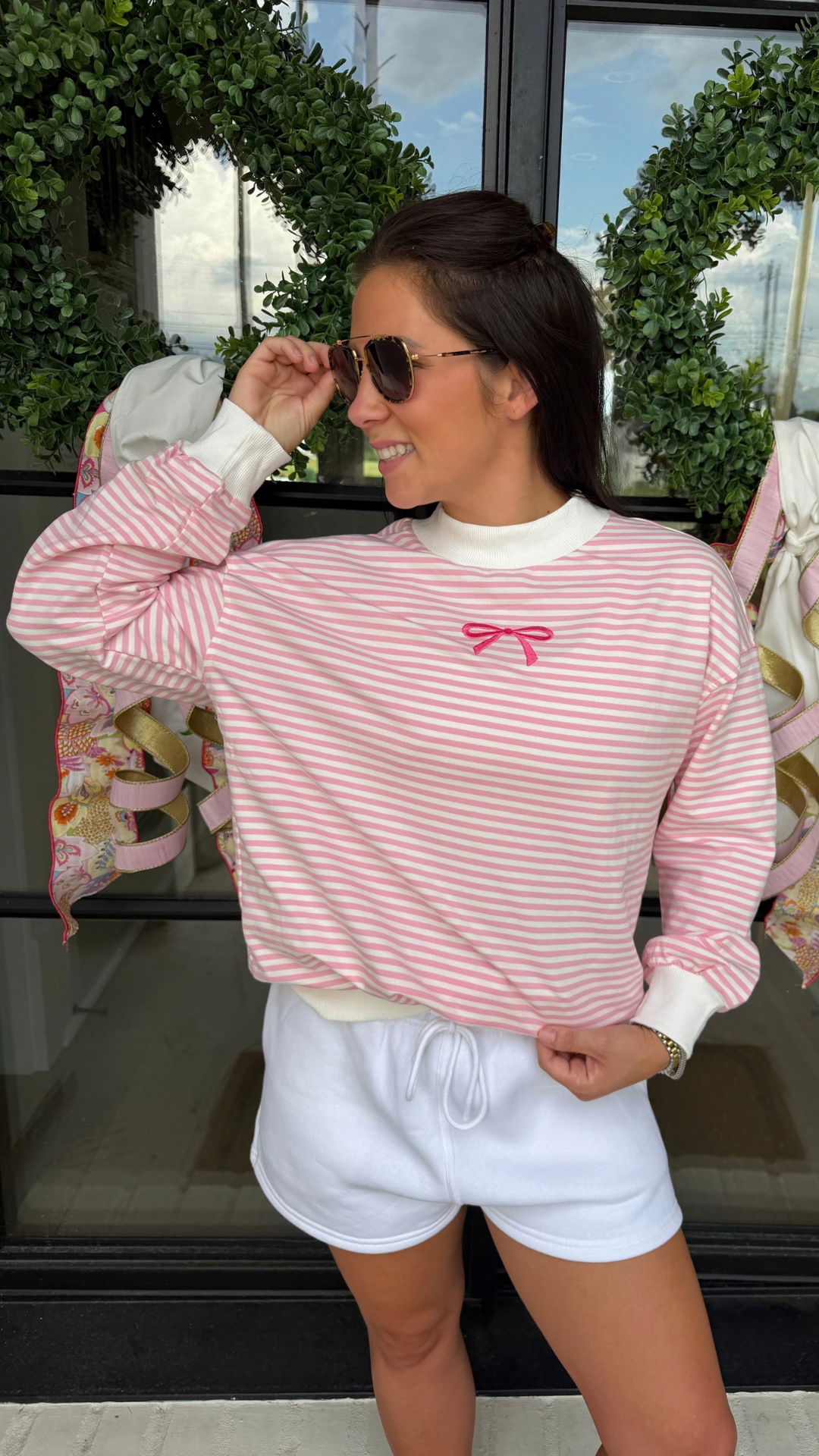 Striped Bowknot Mock Neck Sweatshirt