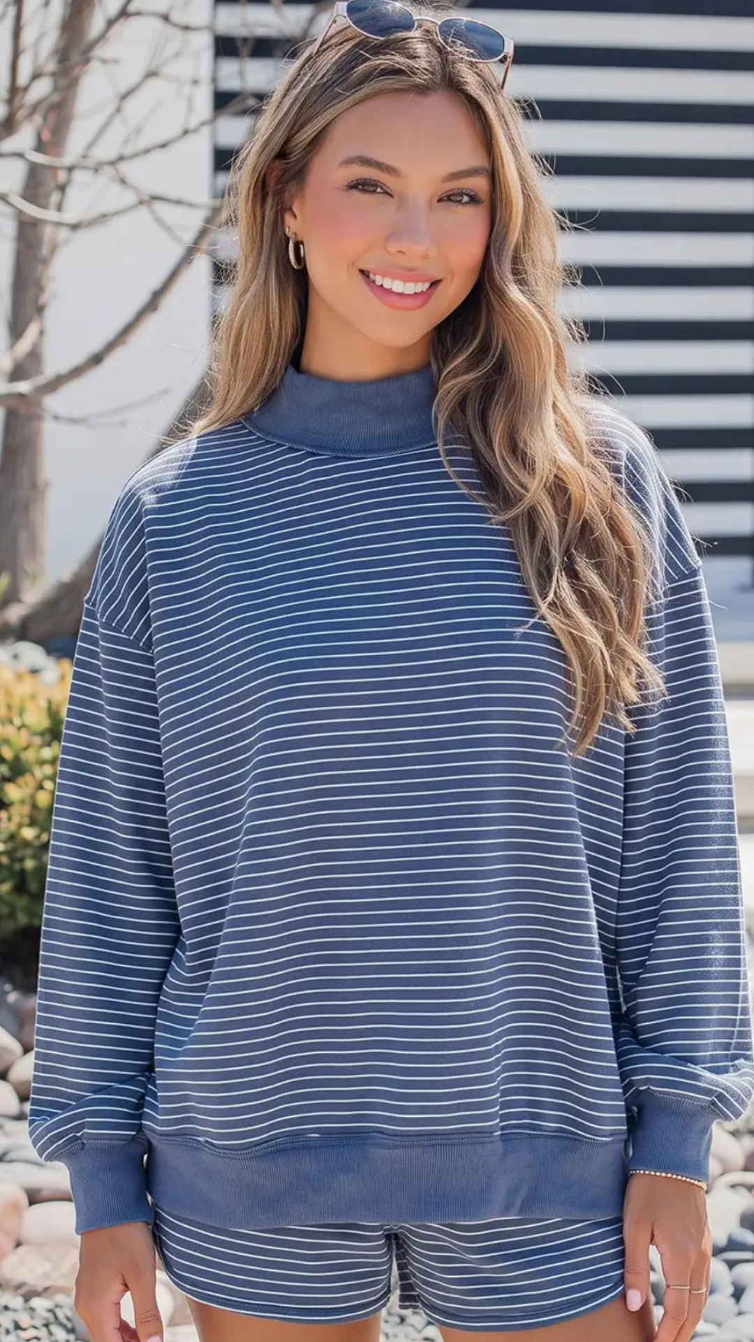 Striped Mock Neck Baggy Pullover & Short Set
