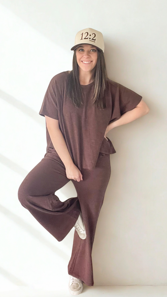 Slub Knit Top & Wide Leg Pant Set