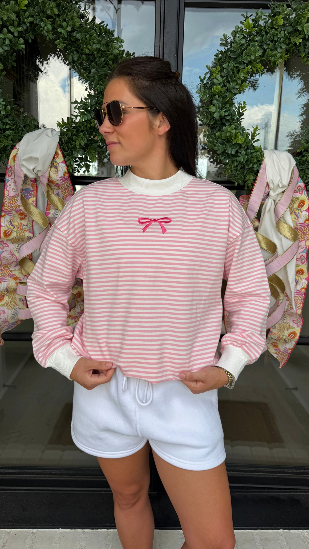 Striped Bowknot Mock Neck Sweatshirt